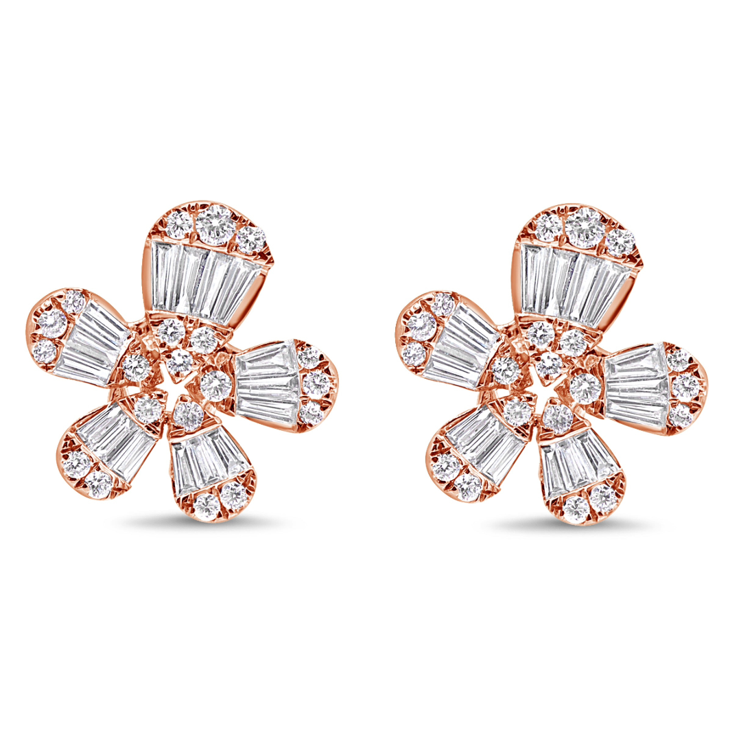 Baguette and Round Flower Stud Earrings