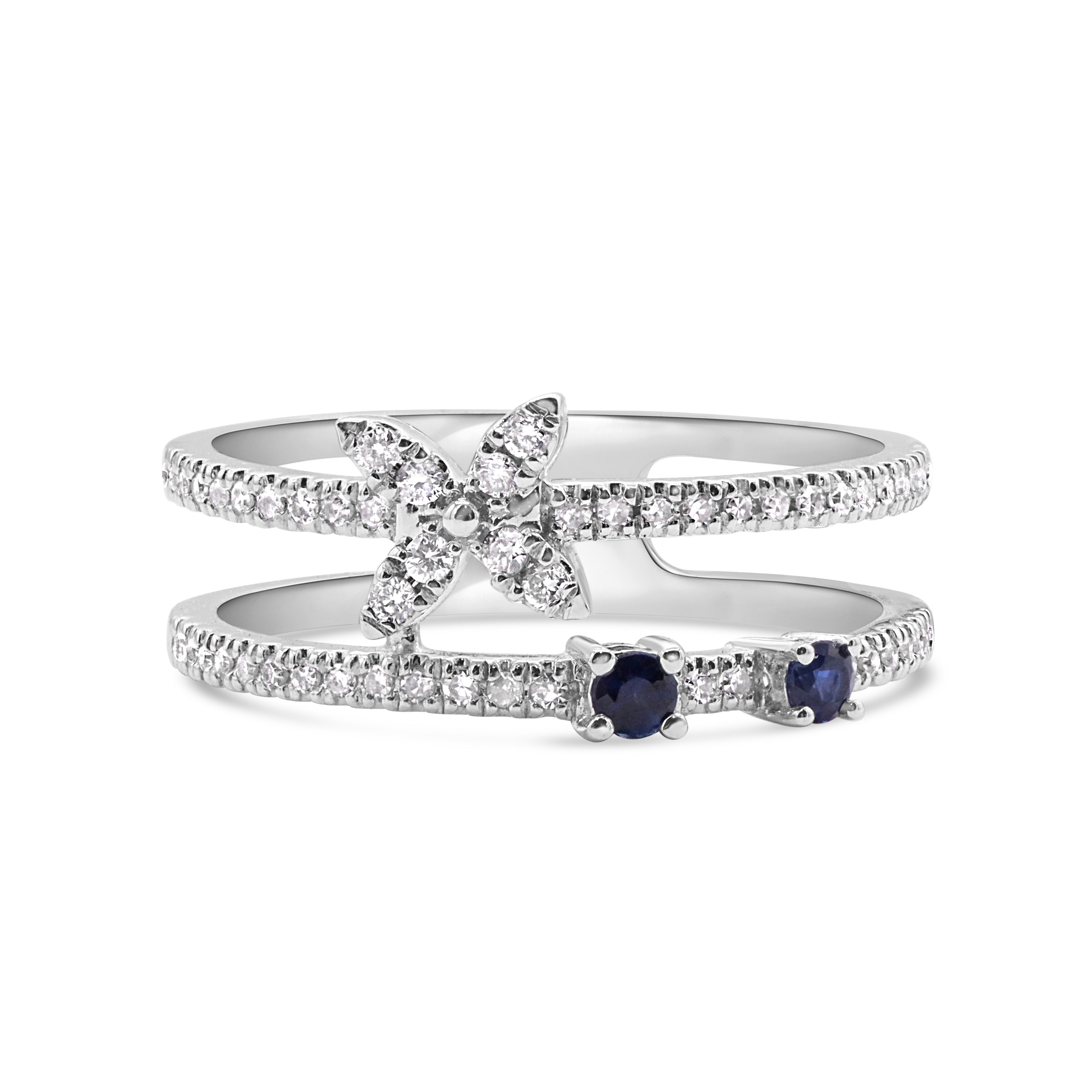 Petite Diamond Flower and Blue Sapphire Ring