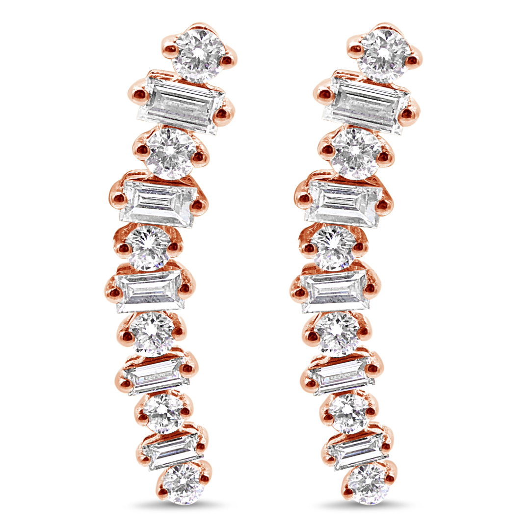 Round and Baguette Diamond Climber Earrings