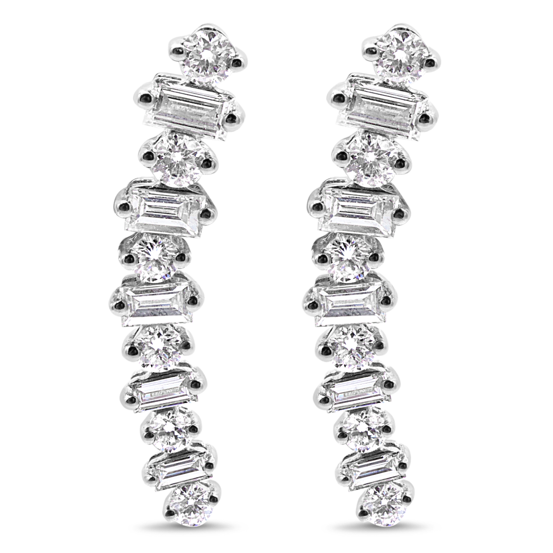 Round and Baguette Diamond Climber Earrings