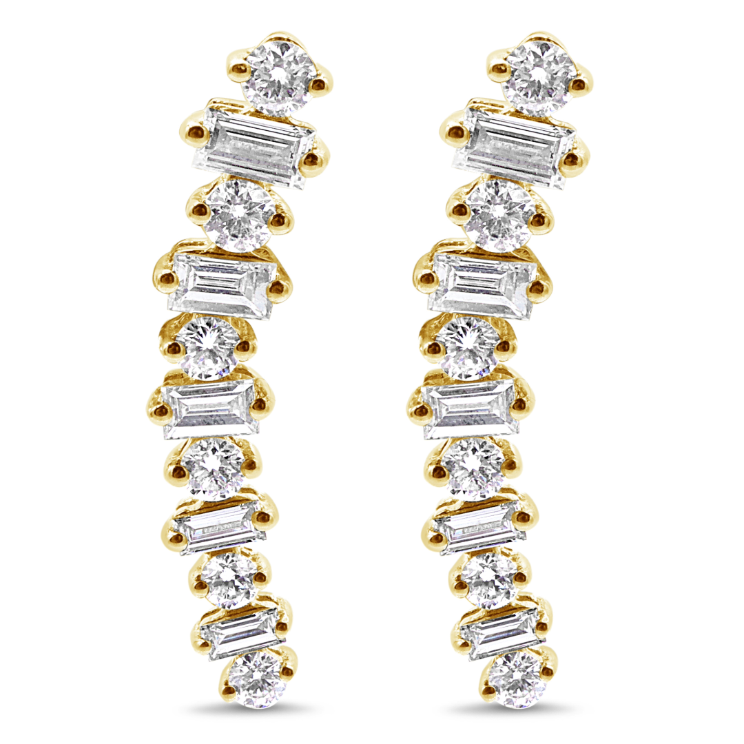 Round and Baguette Diamond Climber Earrings