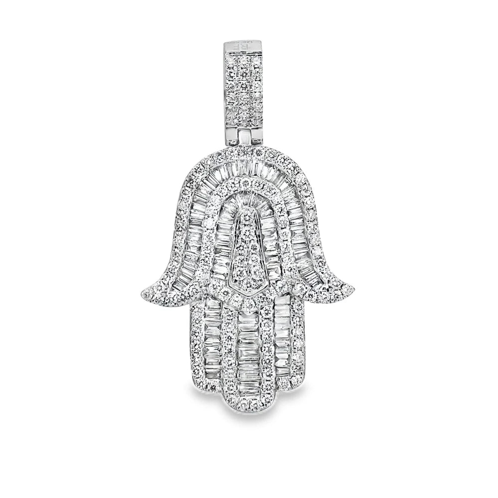 18K White Gold Round and Baguette Diamond Hamsa