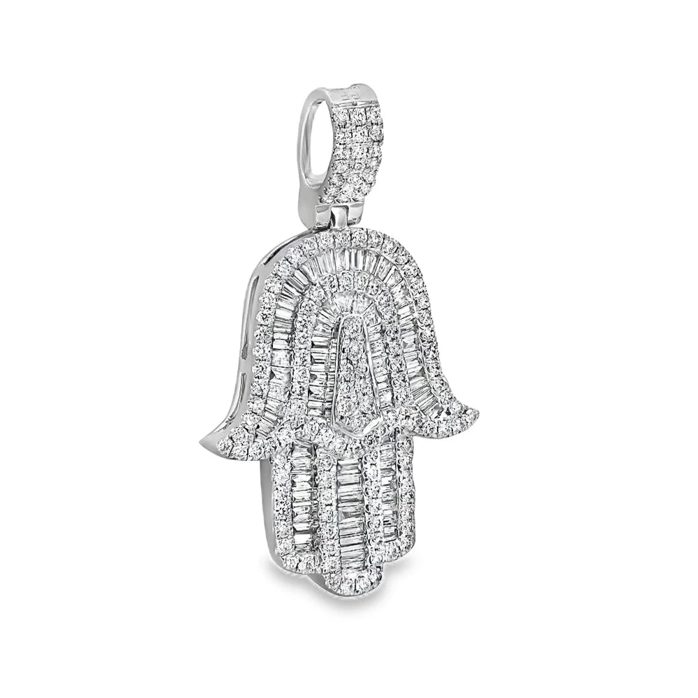 18K White Gold Round and Baguette Diamond Hamsa